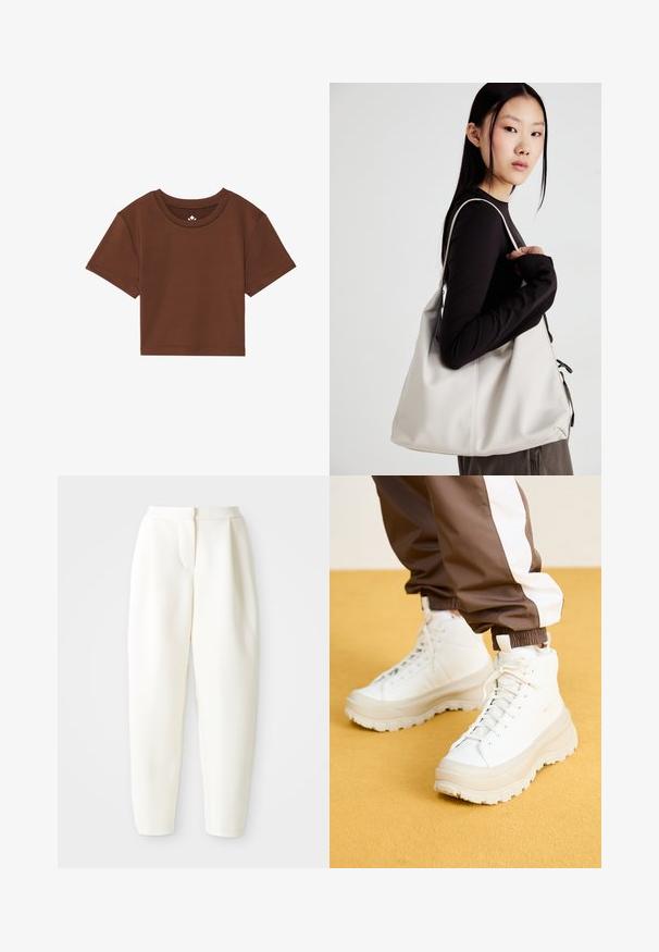 T-shirt castanha cropped com decote redondo, mangas curtas e textura de tecido suave. Apresenta uma marcação minimalista na gola.; Calças brancas de cintura alta e corte tapered com fecho frontal oculto e bolsos laterais, exibidas contra um fundo branco liso.; Ténis brancos de cano alto com uma sola grossa e texturizada, apresentando um cabedal liso, bico redondo e atacadores tonalizados, sobre um fundo amarelo.; Uma bolsa bege feita de material macio, com um design descontraído, detalhes de costura e duas alças para o ombro. Adequada para uso diário.