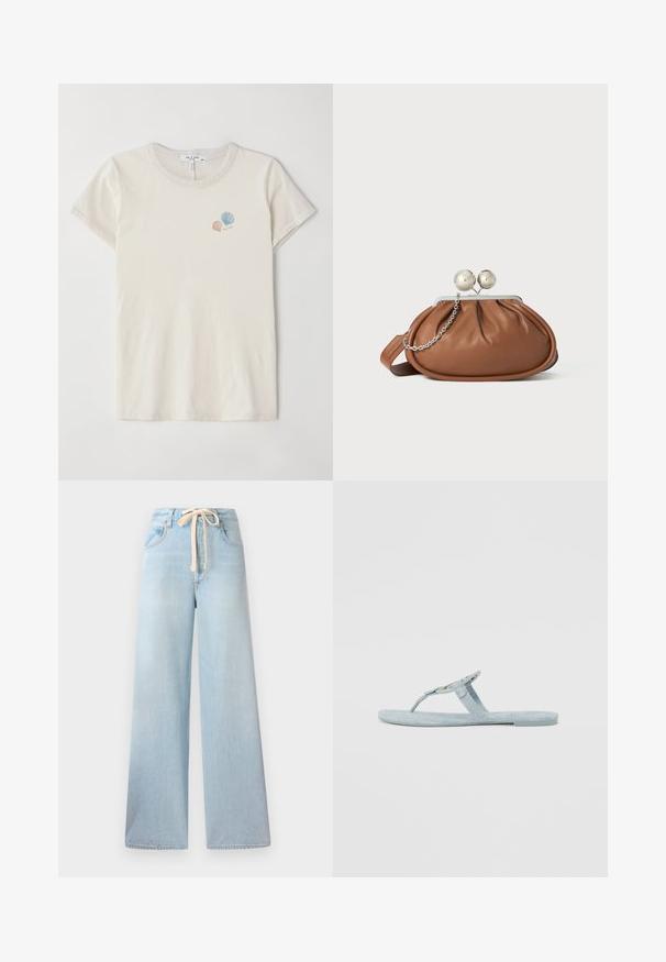 Lichtbeige katoenen t-shirt met een ronde hals en korte mouwen. Bevat kleine geborduurde schelpenontwerpen in pastelkleuren.; Lichtblauwe wijde jeans gemaakt van denim, met een koordsluiting in de taille en een klassiek vijf-pocket ontwerp met minimale vervaging.; Lichtblauwe slippers van textuurmateriaal. Voorzien van een eenvoudig ontwerp met een teenband en een platte zool. Geen extra accenten of patronen.; Bruine leren clutch met een zilveren balsluiting en een klein zilveren kettingdetail op een witte achtergrond.