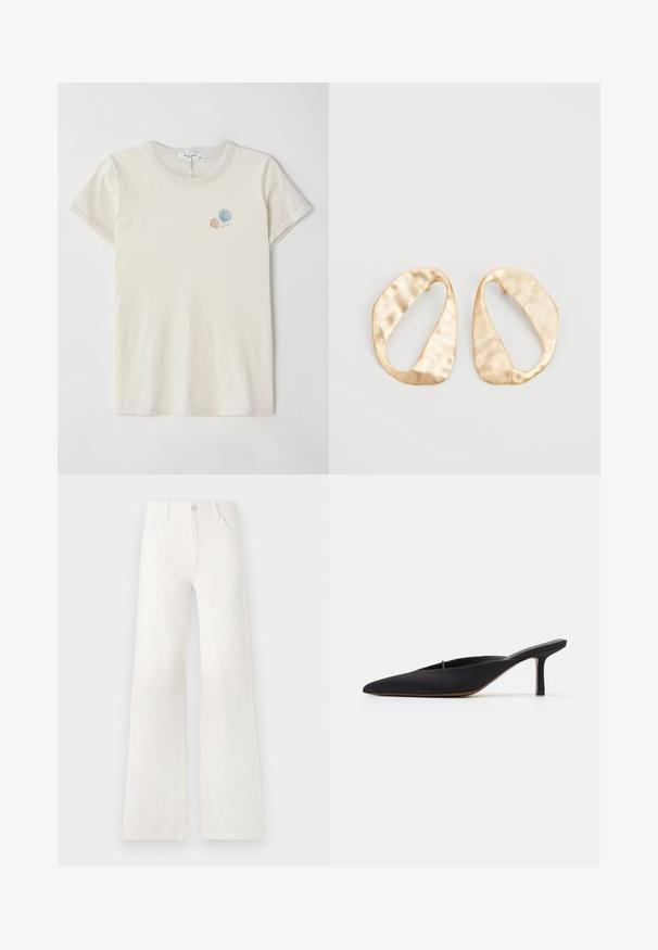 Light beige cotton t-shirt with a crew neckline and short sleeves. Features small embroidered seashell designs in pastel colors.; White, high-waisted wide-leg jeans made of denim. Features a button closure, two front pockets, and side seams with stitching details.; Black pointed-toe mule with a sleek design, made of smooth fabric, featuring a slender heel and open back for easy wear.; Pair of irregular oval-shaped gold-toned metal earrings with a textured, slightly hammered surface on a white background.