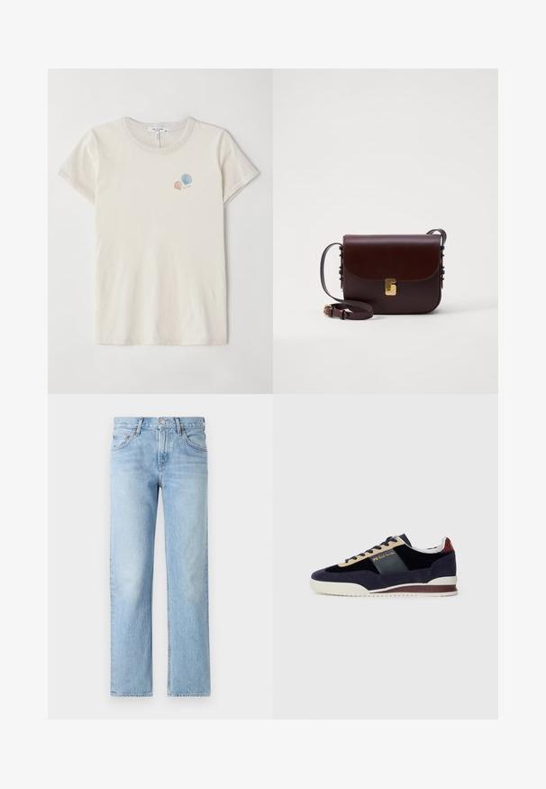 Light beige cotton t-shirt with a crew neckline and short sleeves. Features small embroidered seashell designs in pastel colors.; Light blue denim jeans with a straight fit, five-pockets, button and zipper closure, and a slightly faded finish.; Navy suede sneakers with beige and dark blue accents. Features a white rubber sole and gold branding on the side. Classic athletic design.; Brown leather bag with a flap closure, gold accent hardware, and an adjustable strap. Features a smooth texture and a sleek rectangular shape.