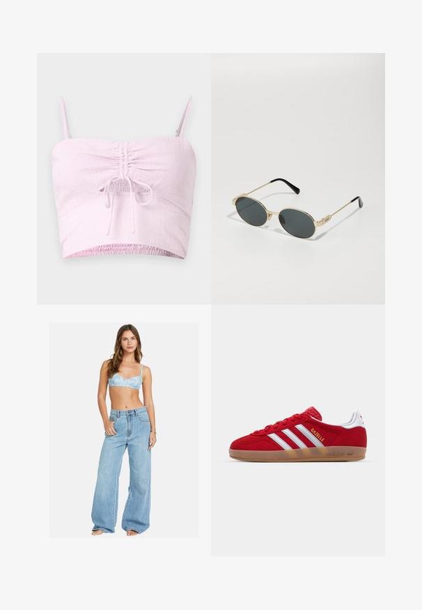 Top corto rosa claro con tirantes ajustables, detalle fruncido en la parte delantera y dobladillo elástico. La tela texturizada añade suavidad.; Camisa blanca de manga larga y botones, hecha de algodón, con un cuello clásico, un logotipo sutil en el pecho y botones amarillos.; Bralette de estampado floral en azul claro combinado con jeans de mezclilla en azul claro de pierna ancha. Ajuste cómodo con una silueta relajada y cierre clásico de botón.; Zapatillas de ante rojo con diseño de tres rayas blancas y texto dorado "Gazelle". Cuenta con una suela de goma y un talón texturizado.; Gafas de sol de metal dorado con lentes ovalados y oscuros. Puntas de acetato negro en las patillas. Nombre de la marca "QUAY" en el lateral.