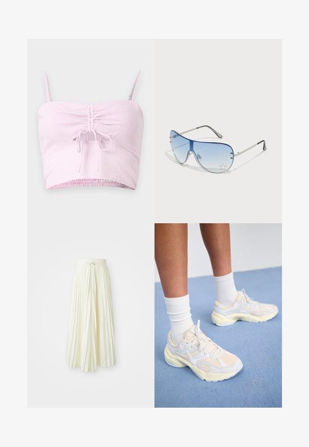 Világos rózsaszín crop top, állítható pántokkal, ráncolt elülső résszel és gumírozott szegéllyel. A textúrált anyag puhaságot kölcsönöz.; Redőzött midi szoknya világos sárga szövetből, rugalmas derékkal és megkötővel, sima textúrával és függőleges csíkokkal a részletek kiemelésére.; Karcsú sportcipők halvány sárga és fehér színben, hálós és szintetikus anyagokból készültek, lekerekített formával és texturált talppal rendelkeznek.; Pilóta napszemüveg, melynek áttetsző kék lencséje, ezüst fém kerete és díszes csillag díszítések találhatók a lencsén. Simogató és elegáns dizájn.