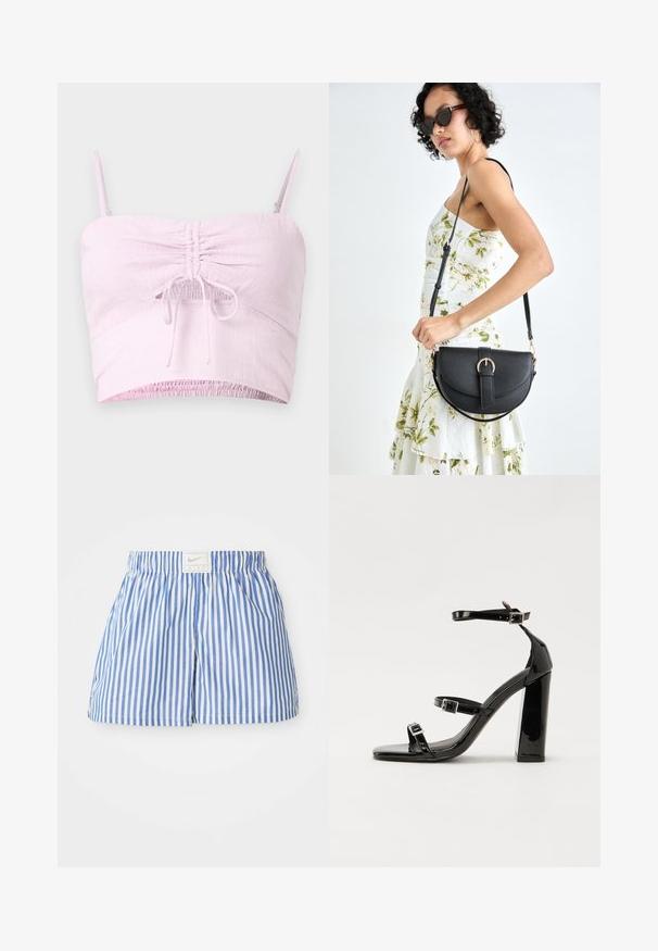 Top corto rosa claro con tirantes ajustables, detalle fruncido en la parte delantera y dobladillo elástico. La tela texturizada añade suavidad.; Pantalones cortos a rayas azul y blanco con cintura elástica y una etiqueta con el logo de Nike. Hechos de una tela ligera con una textura suave.; Sandalias negras de charol con tacón alto, dos correas con hebilla, punta cuadrada y tacón grueso, con una textura lisa y brillante.; Bolso de piel negra con forma curva, correa desmontable y herrajes dorados. El bolso cuenta con una solapa con un detalle de hebilla.