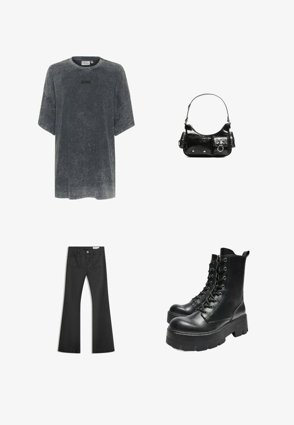 Übergröße graues T-Shirt aus weichem Stoff mit strukturierter Oberfläche. Verfügt über einen runden Halsausschnitt und ein gesticktes Logo auf der Brust.; Schwarze Schlagjeans aus Denim mit glatter Textur, ausgestattet mit zwei Gesäßtaschen und einem Knopfverschluss an der Taille.; Bershka TRACK - Plateaustiefelette - black; Schwarze Lackleder-Handtasche mit geschwungenem Design, einem Schulterriemen, Vordertaschen und silberfarbenen Hardware-Akzenten.