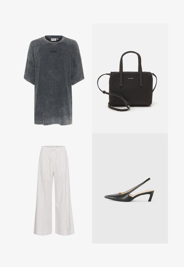 Per didelis pilkas marškinėliai, pagaminti iš minkštos medžiagos su tekstūruotu paviršių. Turi apvalią iškirptę ir išsiuvinėtą logotipą ant krūtinės.; Platus kojas kelnes iš švelnios baltos medžiagos, su elastinga juosmeniu ir raišteliu, glotnia tekstūra ir be papildomų dekoracijų.; Juodas smailus slingback batelis su žemu kulnu, pagamintas iš lygaus odos paviršiaus ir su išpjovomis šone, užtikrinančiomis oro pralaidumą.; Juoda rankinė su dviem trumpais rankenėlėmis ir nuimamu petį. Lygaus odos tipo medžiaga su užtrauktuku ir logotipo detale.