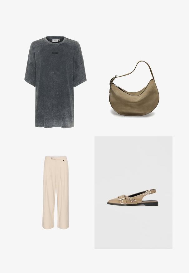 Oversized grijze T-shirt gemaakt van zacht materiaal met een textuurafwerking. Heeft een ronde halslijn en een geborduurd logo op de borst.; Beige wijde broek met een platte voorkant, twee zijzakken, een knoopsluiting en geplooide details voor extra textuur en ontwerp.; Beige gepatineerde slingback schoenen met een spitse neus, twee verstelbare gespen en een lage zwarte hak. Glad textuur met een glanzende afwerking.; Bruine suède hobo tas met een gebogen vorm, enkele schouderband, ritsluiting en een gladde textuur. Eenvoudig ontwerp met minimale hardwaredetails.