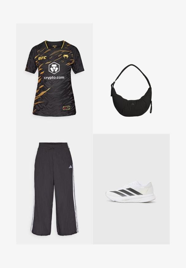 Jersey de UFC en negro y dorado con un patrón abstracto texturizado, cuello redondo, mangas cortas y un logo central con "crypto.com" impreso.; Pantalones de chándal negros con cintura elástica, con franjas laterales blancas y un sutil logotipo en la parte superior de la pierna izquierda. Material ligero.; Zapatilla deportiva blanca con rayas diagonales negras, parte superior de malla, punta redondeada y suela texturizada. Los acentos incluyen un talón plateado y un diseño minimalista.; Bolso negro de hombro con un diseño curvado, tejido acolchado, correa ajustable y un logotipo sutil. Cuenta con un compartimento con cremallera y acentos texturizados.
