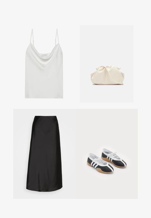 Bela satenasta kamisolica z drapirano dekoltejem, tankimi nastavljivimi naramnicami in ravnim robom. Znotraj je vidna oznaka "ANNA FIELD".; Črna satenska midi krilo z gladko teksturo, A-linijsko obliko in subtilnim sijajem. Ima elegantno, enostavno zasnovo brez okrasnih elementov.; Črne in bele športne copate s sleek oblikovanjem, gumijastim podplatom, zapenjanjem na vezalke in tremi belimi črkami ob straneh.; Krema barve, mehka torba iz umetnega usnja z nabranim dizajnom, nastavljivim ročajem in diskretnim zapiranjem na vrvico. Gladka tekstura in zaobljena oblika.