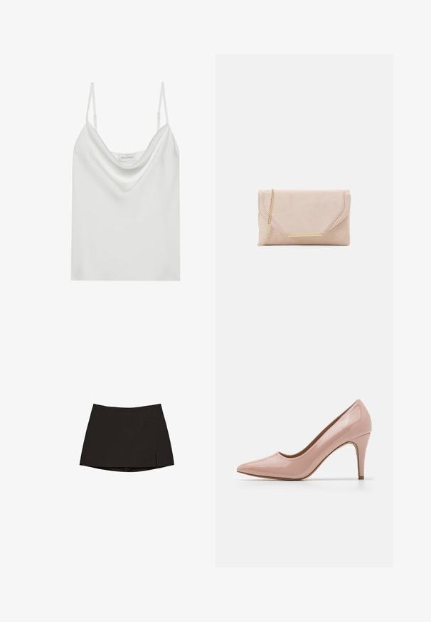 Weiße Satin-Camisole mit drapiertem Ausschnitt, dünnen verstellbaren Trägern und geradem Saum. Das Etikett "ANNA FIELD" ist sichtbar innen.; Schwarzer Minirock mit geradem Schnitt und einem leichten Schlitz an der Seite. Hergestellt aus glattem Stoff, mit einem sauberen Saum und minimalistischem Design.; Rosa lackierte Hochhackige Schuhe mit einer spitzen Zehenform und schmalem, konischem Absatz. Glatte Textur, minimalistisches Design und keine sichtbaren Muster.; Beige Wildleder-Clutch mit einer goldenen Kettenriemen und rechteckigem Hardware-Detail. Verfügt über einen umklappbaren Deckel mit schrägen Kanten und Nahtdetails.