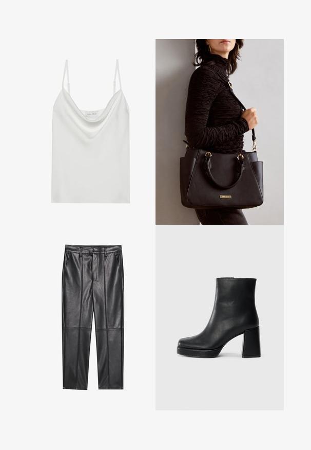 Fehér selyemtop, drapírozott nyakkivágással, vékony állítható pántokkal és egyenes szegéllyel. Az "ANNA FIELD" címke látható a belsejében.; Fekete bőrnadrág sima textúrával, egyenes szabással, két elülső zsebbel és látható varrás részletekkel.; Fekete bőr bokacsizma tömbsarkal és platform talppal, oldalról nézve, sima fehér háttéren.; Fekete kézitáska texturált felülettel, dupla felső fogantyúval és állítható vállpánttal. Arany színű fém kiegészítők és oldalsó zsebek találhatók rajta.