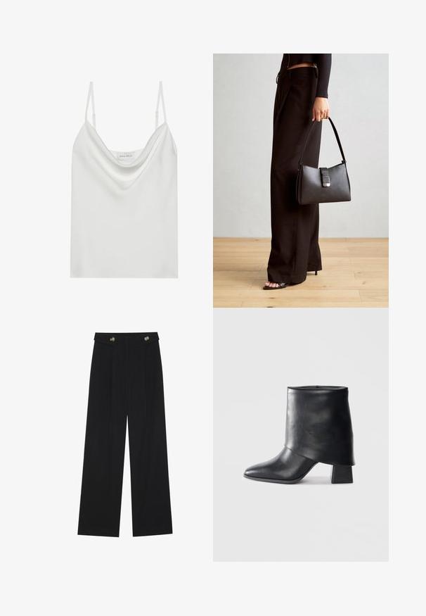 White satin camisole with a draped neckline, thin adjustable straps, and a straight hem. The label "ANNA FIELD" is visible inside.; Black wide-leg trousers with high waist, button details on waistband, and front pleats.; Black leather ankle boot with a pointed toe, smooth texture, and a structured block heel. Features a high, folded cuff design.; Black handbag with structured shape, smooth texture, and a metallic clasp. Paired with wide black pants and open-toe sandals on wooden floor.