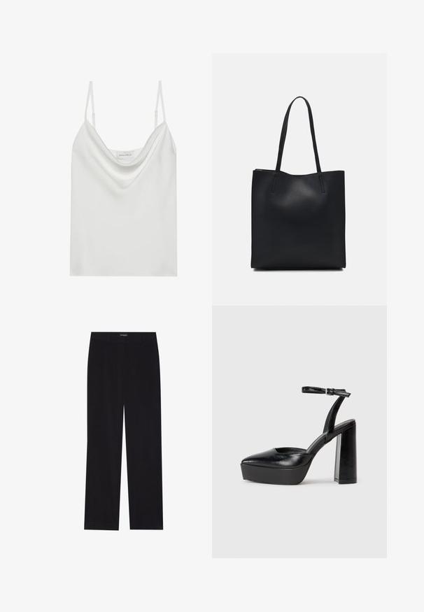 Camisola di raso bianca con scollatura drappeggiata, spalline sottili regolabili e orlo dritto. L'etichetta "ANNA FIELD" è visibile all'interno.; Pantaloni in corduroy neri con taglio dritto, dotati di vita piatta e senza tasche visibili, texture liscia e dettaglio a righe verticali.; Tacchi a piattaforma neri con punta appuntita e cinturino regolabile alla caviglia. Realizzati in pelle liscia, presentano un tacco a blocco spesso.; Borsa tote in pelle nera con texture liscia, forma rettangolare e due manici lunghi. Nessun hardware o decorazione visibile.