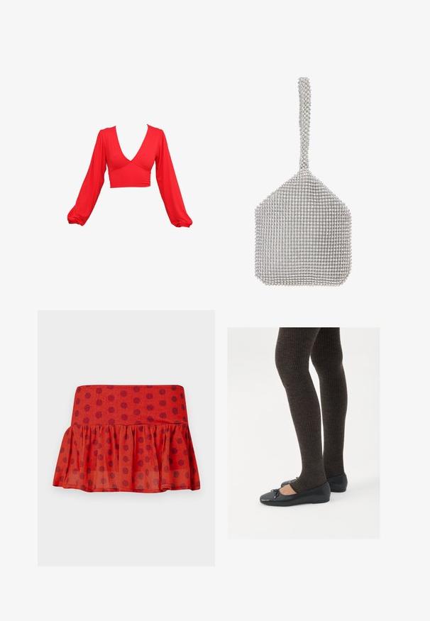 Červený zkrácený top s hlubokým V-výstřihem, dlouhými puff rukávy a řasenými detaily v pase. Vyrobeno z hladkého, elastického materiálu.; Červená volánková sukně s černými puntíky, vyrobená z lehké tkaniny. Má vypasovaný pas a vrstvený design.; Černé ploché boty s malou mašlí na špičce, kombinované s tmavě hnědými žebrovanými punčochami. Boty mají hladký povrch a nízký profil.; Stříbrná síťovaná kabelka se strukturovaným tvarem, pokrytá malými, od reflective rhinestones. Obsahuje dlouhé, zdobené ucho.