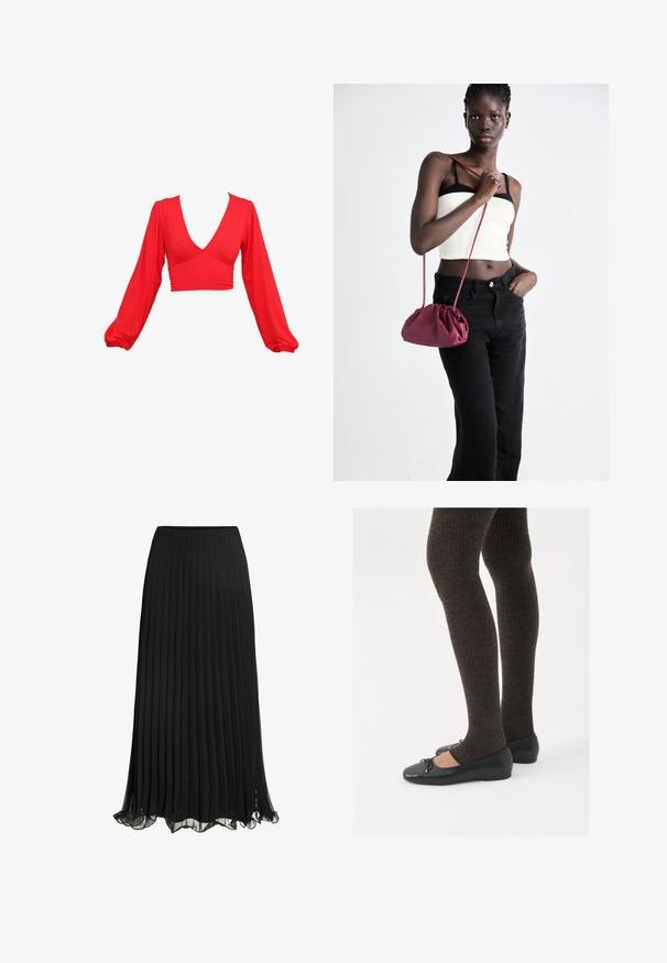 Rød cropped top med dyb V-hals, lange puffærmer og samlingseffekter ved taljen. Lavet af et glat, strækbart stof.; Sort plisseret maxiskørt lavet af letvægtsstof med et flydende design. Har en volangkant og elastisk talje for komfort.; Sorte flade sko med en lille sløjfedetalje ved tåen, parret med mørkebrune ribbede strømpebukser. Skoene har en glat overflade og lav profil.; Bordeaux blødt stof håndtaske med en sammenpresset design og en lang rem, båret som crossbody. Modellen bærer en hvid cropped top og sorte jeans.