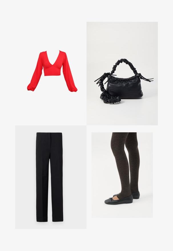 Red cropped top with a deep V-neck, long puff sleeves, and gathered accents at the waist. Made from a smooth, stretchy fabric.; Black tailored trousers with a straight cut, featuring a smooth texture and no visible patterns. Standard waistband and a clean finish.; Black flat shoes with a small bow detail at the toe, paired with dark brown ribbed tights. Shoes have a smooth texture and low profile.; Black faux leather handbag with a crocodile texture, cinched top, and a scrunched strap. Appears soft and compact in design.