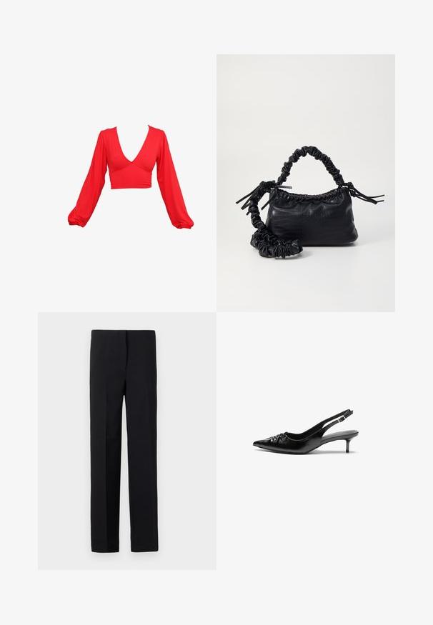 Red cropped top with a deep V-neck, long puff sleeves, and gathered accents at the waist. Made from a smooth, stretchy fabric.; Black tailored trousers with a straight cut, featuring a smooth texture and no visible patterns. Standard waistband and a clean finish.; Black leather slingback heels with a pointed toe, small kitten heel, and a decorative knot detail on the front. Smooth texture throughout.; Black faux leather handbag with a crocodile texture, cinched top, and a scrunched strap. Appears soft and compact in design.