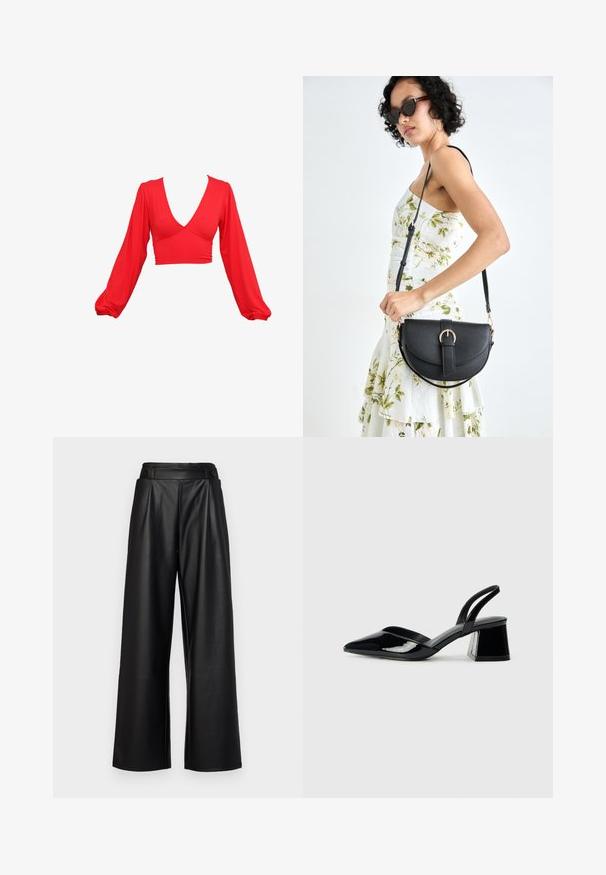 Raudonas trumpas palaidinės viršus su giliu V formos iškirpimu, ilgomis pūstomis rankovėmis ir susiraukšlėjusiais akcentais liemeniu. Pagaminta iš glotnaus, tamprumo turinčio audinio.; Juodi, platūs odiniai kelnių modeliai, turintys aukštą liemenį, klostes ir dvi apvalias mygtukus priekyje užsegimui.; Juodos lakuotos odinės šlepetės su smailiu pirštu ir geometriniu bloko kulnu. Turi elegantišką, minimalistinį dizainą ir lygų paviršių.; Juodas odinis krepšys su išlenkta forma, nuimamu dirželiu ir auksiniais detalėmis. Krepšys turi kilpą su sagtimi.