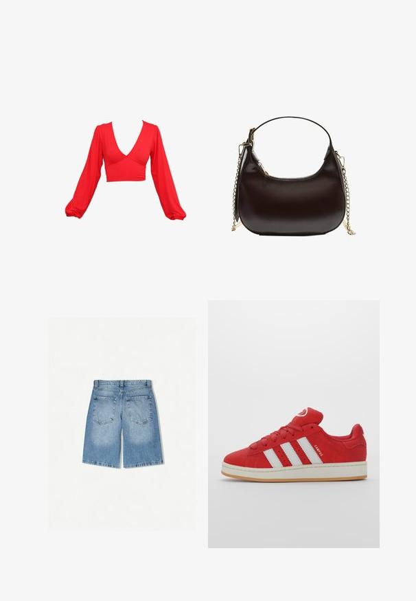 Top corto rosso con scollatura a V profonda, maniche lunghe a palloncino e dettagli arricciati in vita. Realizzato in un tessuto liscio ed elastico.; Shorts in denim chiaro con una vestibilità rilassata. Presentano due tasche posteriori e un design a gamba dritta. Texture liscia con una leggera scoloritura.; Sneaker rosse in suede con tre strisce bianche, suola in gomma, punta arrotondata e linguetta imbottita, con dettaglio "CAMPUS" sul lato.; Borsa a tracolla in pelle nera con silhouette curva, dotata di una tracolla in catena dorata e una finitura liscia e lucida.