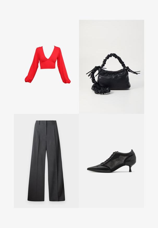 Rotes, cropped Top mit tiefem V-Ausschnitt, langen Puffärmeln und gerafften Akzenten an der Taille. Hergestellt aus einem glatten, dehnbaren Stoff.; Weite Hosen aus dunkelgrauem Stoff, mit hoher Taille, einzelnen Falten und einer glatten Textur mit sauberen Abschlüssen an den Säumen.; Schwarzer spitzer Schuh mit einem Mesh-Panel-Design, ausgestattet mit einem niedrigen Absatz und einer Schnürung vorne. Hergestellt aus einer Kombination von Leder und Mesh-Material.; Schwarze Handtasche aus Kunstleder mit Krokodilstruktur, gerafftem oberen Teil und einem geschoppten Tragegurt. Sie wirkt weich und kompakt im Design.