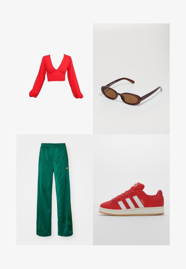 Piros rövid fazonú felső mély V-kivágással, hosszú puff ujjakkal és ráncolt részletekkel a deréknál. Simább, rugalmas anyagból készült.; Zöld selyemfényű sportnadrág, laza szabással, sárga csíkkal és hímzett logóval a bal oldalon. Rugalmas derékpánt.; Piros velúr sportcipők három fehér csíkkal, gumitalppal, lekerekített orral és párnázott nyelvvel, amelyen a "CAMPUS" felirat található az oldalon.; Kerek, barna árnyalatú napszemüveg fényes burgundi kerettel. Karcsú karok diszkrét márkázással. Lapos lencse kialakítás.