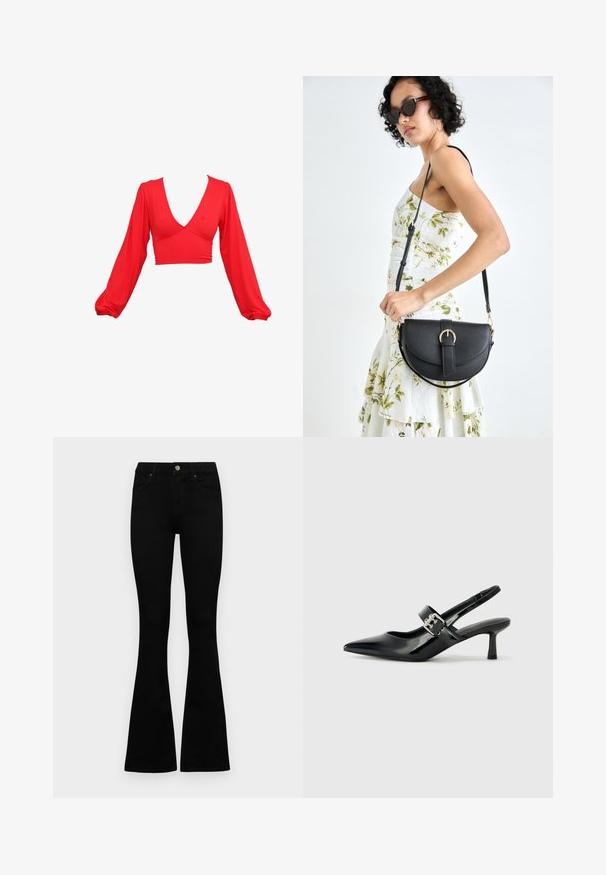 Punainen lyhyt toppi, jossa on syvä V-pääntie, pitkät puff-hihat ja kerätty yksityiskohta vyötäröllä. Valmistettu sileästä, joustavasta kankaasta.; Mustat korkeavyötäröiset farkut nappi- ja vetskariyläosalla, etutaskuilla ja levenevillä lahkeilla, asetettuna tasaisesti valkoista taustaa vasten.; Musta patenttinaahkakengät, joissa on osoittava kärki ja pieni lohko korko, varustettuna hopeisella soljella hihnassa.; Musta nahkainen käsilaukku, joka on kaareva muotoilultaan, irrotettavalla hihnalla ja kultaisilla yksityiskohdilla. Laukussa on läppä, jossa on solk yksityiskohta.