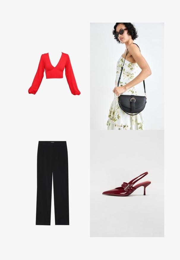 Sarkans īss tops ar dziļu V veida kakla izgriezumu, gariem pūkainiem piedurknēm un savilktām akcentiem viduklī. Izgatavots no gludas, elastīgas auduma.; Melni korduroja bikses ar taisnu piegriezumu, ar plakanu jostasvietu un bez redzamām kabatām, gluda tekstūra un vertikālas ribas detaļa.; Sarkana lakota ādas kurpju kurpes ar atvērtu papēdi, norādītu purngalu, divām sprādzēm un slaidu, vidēja augstuma stiletu papēdi. Gluda tekstūra.; Melnas ādas rokassoma ar izliekta formu, noņemamu siksnu un zelta aksesuāriem. Somai ir vāciņš ar sprādzes detaļu.