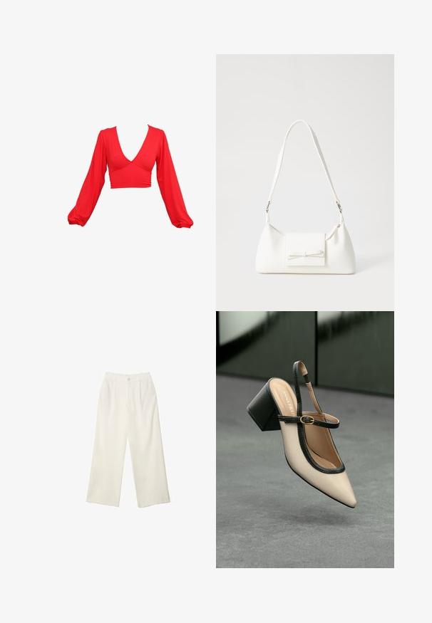 Rød cropped top med dyb V-hals, lange puffærmer og samlingseffekter ved taljen. Lavet af et glat, strækbart stof.; Bredde bukser i cremefarvet stof med en glat tekstur, der har en enkelt knap foran, diskrete folder og design med høj talje.; Beige høje hæle slingback-sko med spids tå, sort kant og spænde detalje. Glat materiale med mat finish, mellemstor blokhæl.; Hvid syntetisk håndtaske med en trekantet form, flad forsideklap og sløjfedetalje, justerbar strop, glat tekstur og minimalistisk design.