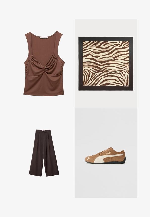 Bruine mouwloze top van rekbare stof, met een gedraaide voorkant, geplooide zijkanten en een ronde halslijn.; Zwarte wijde broek met hoge taille, voorzien van plooien aan de voorkant en een knoopsluiting in de taille, gemaakt van een gladde stof.; Bruine suède low-top sneakers met crèmekleurige accenten, een gestructureerd oppervlak, een zwarte rubberen zool en een geborduurd logo aan de zijkant en op de tong.; Bruin en crèmekleurig zebra-print vloerkleed met een gestructureerd oppervlak, omrand door een vlakke zwarte rand. Bevat golvende, organische lijnen door het hele ontwerp.; Bruine suède schoudertas met twee schouderbanden, gouden hardwareaccenten en verstelbare zijstrikjes. Heerlijk in gebruik dankzij de ritsafsluiting en de gladde textuur.
