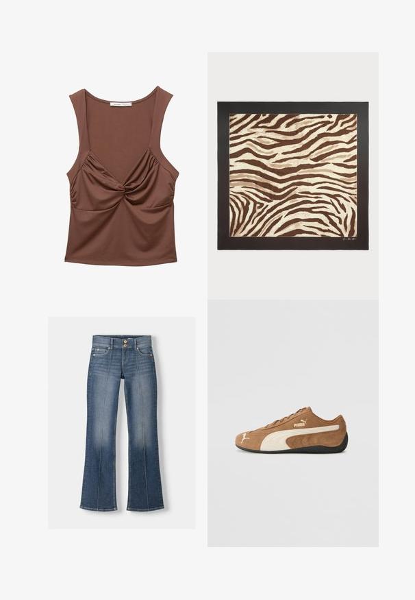 Hnědý bezrukávový top vyrobený z elastického materiálu, s detailním zkrouceným předním dílem, nařasenými bočními akcenty a kulatým výstřihem.; Džínové široké kalhoty v středně modré barvě s zeslabeným omytím. Obsahuje dvě přední kapsy, dvě zadní kapsy a zapínání na knoflíky v pase.; Hnědé semišové nízké tenisky s krémovými akcenty, texturovaným povrchem, černou gumovou podrážkou a vyšívaným logem na boku a jazyku.; Hnědý a krémový koberec se zebřím vzorem s texturovaným povrchem, ohraničený pevným černým rámem. Obsahuje vlnité, organické linie po celém designu.