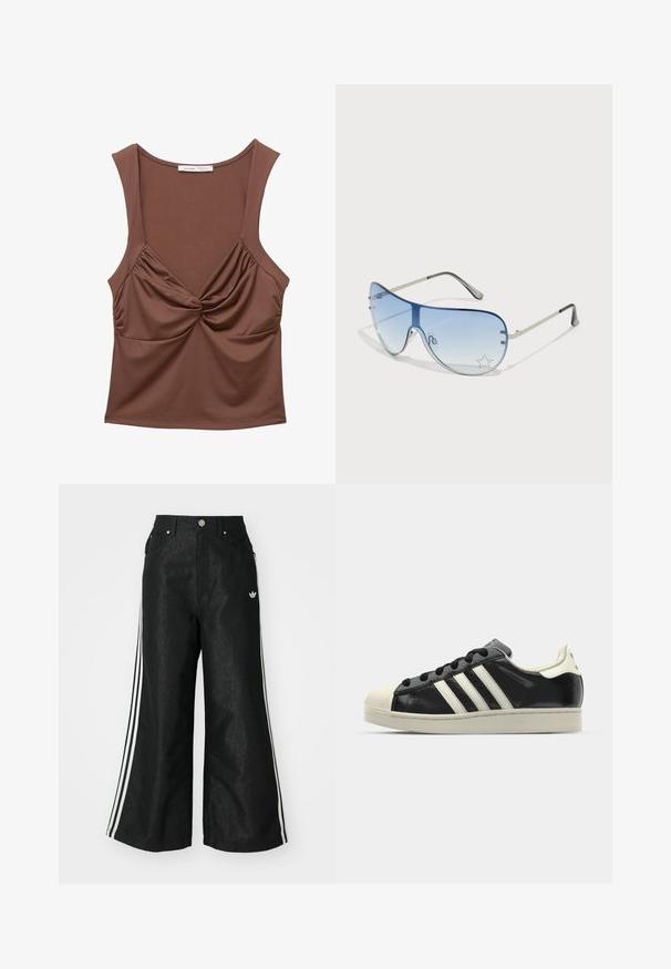 Top senza maniche marrone realizzato in tessuto elasticizzato, con un dettaglio anteriore attorcigliato, accenti laterali arricciati e un collo rotondo.; Pantaloni in denim neri a gamba larga con tre strisce bianche su ciascun lato e un piccolo logo bianco. Presentano tasche frontali e chiusura con bottone.; Sneaker in pelle nera con strisce bianche, punta in gomma, lacci neri e suola di colore crema. Texture liscia con finitura brillante.; Occhiali da sole aviator con lenti blu sfumate, montatura in metallo argentato e decorazioni a forma di stella sulle lenti. Design liscio e sofisticato.