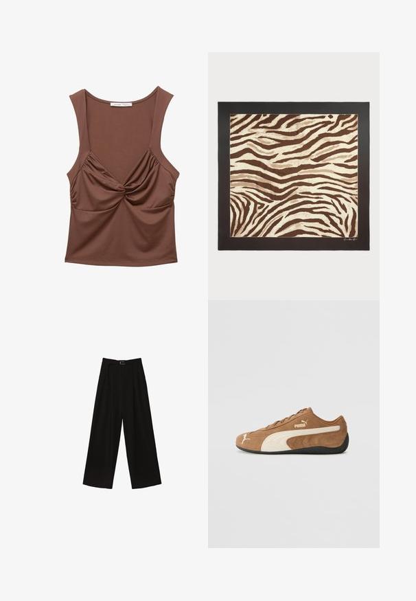 Braunes ärmelloses Top aus dehnbarem Stoff, mit einem verdrehten Vorderteil, gerafften seitlichen Akzenten und einem runden Ausschnitt.; Schwarze, weit geschnittene Hose mit hoher Taille, ausgestattet mit einem Gürtel in der Taille und Falten für Struktur. Hergestellt aus einem glatten, leichten Stoff.; Braune Wildleder-Low-Top-Sneaker mit cremefarbenen Akzenten, strukturierter Oberfläche, schwarzer Gummisohle und gesticktem Logo an der Seite und Zunge.; Zebradesign teppich in braun und creme mit einer strukturierten Oberfläche, umrandet von einem soliden schwarzen Rahmen. Enthält wellenförmige, organische Linien im gesamten Design.