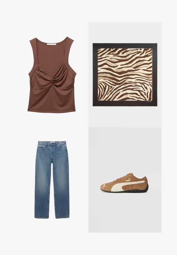 Braunes ärmelloses Top aus dehnbarem Stoff, mit einem verdrehten Vorderteil, gerafften seitlichen Akzenten und einem runden Ausschnitt.; Hellblaue Jeans aus Denim mit geradem Schnitt, fünf Taschen und Beschlägen in Kupferfarbe. Der Stoff hat eine leichte Ausbleichung und eine glatte Textur.; Braune Wildleder-Low-Top-Sneaker mit cremefarbenen Akzenten, strukturierter Oberfläche, schwarzer Gummisohle und gesticktem Logo an der Seite und Zunge.; Zebradesign teppich in braun und creme mit einer strukturierten Oberfläche, umrandet von einem soliden schwarzen Rahmen. Enthält wellenförmige, organische Linien im gesamten Design.; Braune Lederschultertasche mit strukturierter Form, ausgestattet mit einem magnetischen Klappenverschluss und einem metallischen Logoakzent auf der Vorderseite.