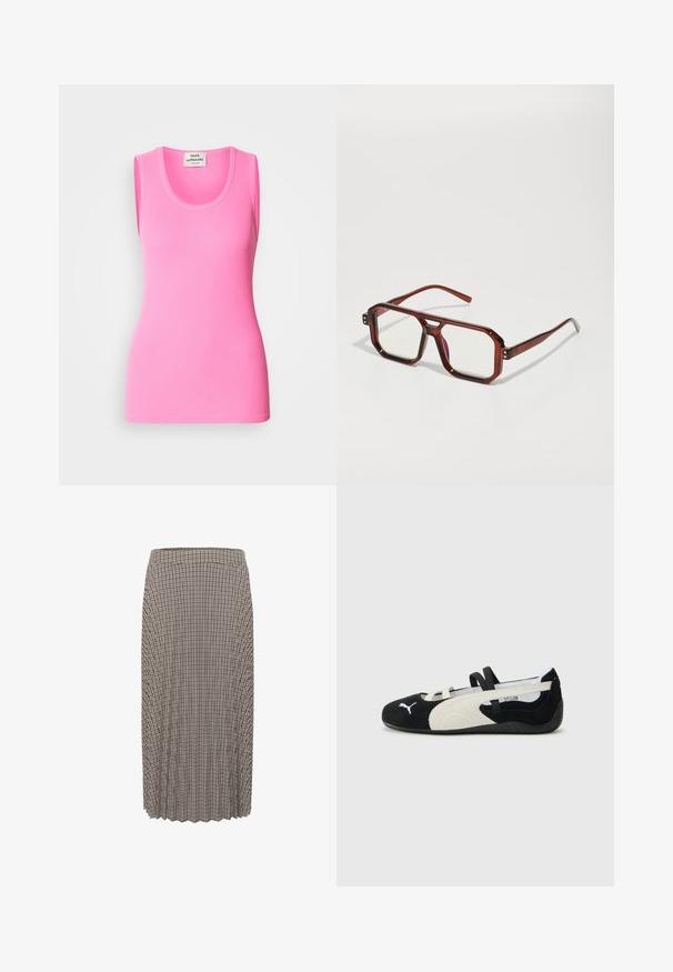 Rožinė be rankovių marškinėlių viršutinė dalis, pagaminta iš raukšlėtos medžiagos, su apvaliu iškirpimu ir prigludusia forma. Ant kaklo matoma etiketė su prekės ženklo pavadinimu.; Juodos ir baltos langelių rašto klostuota midi sijonas. Su juosmens juosta ir tekstūruotu audiniu, tiesaus kirpimo.; Juoda ir kreminė ultralengva avalynė su zomšinėmis viršutinėmis dalimis, plokščiu padu, elastingomis dirželiais ir mažu logotipu ant piršto.; Rudos permatomi dideli akiniai su stačiakampiais lęšiais ir plonomis kojelėmis. Sukraigti, šiek tiek apvalinti kampai ir matomi tvirtinimo akcentai.