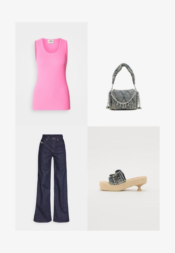 Rosa ærmeløs tank top i ribbet stof, med rund halsudskæring og tætsiddende design. Etikette ved halsen med synligt mærkenavn.; Mørkeblå bredbenede jeans i denimstof med høj talje, prydet med orange stikninger, fem-lomme design og knaplukning.; Denim slid sandal med vævet platform og lille hæl. Har dekorativ syning og en metallisk accent på den øverste rem.; Denim håndtaske med quiltet mønster, blå farve, kort flettet håndtag og sølv kædestrop med metallisk brandbogstav detalje.