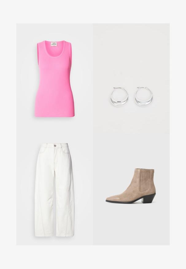 Roza brezrokavna majica iz rebrastega materiala s krožnim izrezom in prileganjem. Oznaka na vratu z vidnim imenom blagovne znamke.; Bele široke kavbojke iz denima z vidnimi šivi. Imajo gumbasto zapiranje in rahlo teksturo. Spredaj so žepi.; Bežna semina gležnjača s špičastim nosom in oblikovanim peto, ki ima vertikalne šive na straneh.; Srebrni obročasti uhani s poliranim zaključkom in DKNY blagovno znamko, prikazani na eni preprosti beli podlagi.