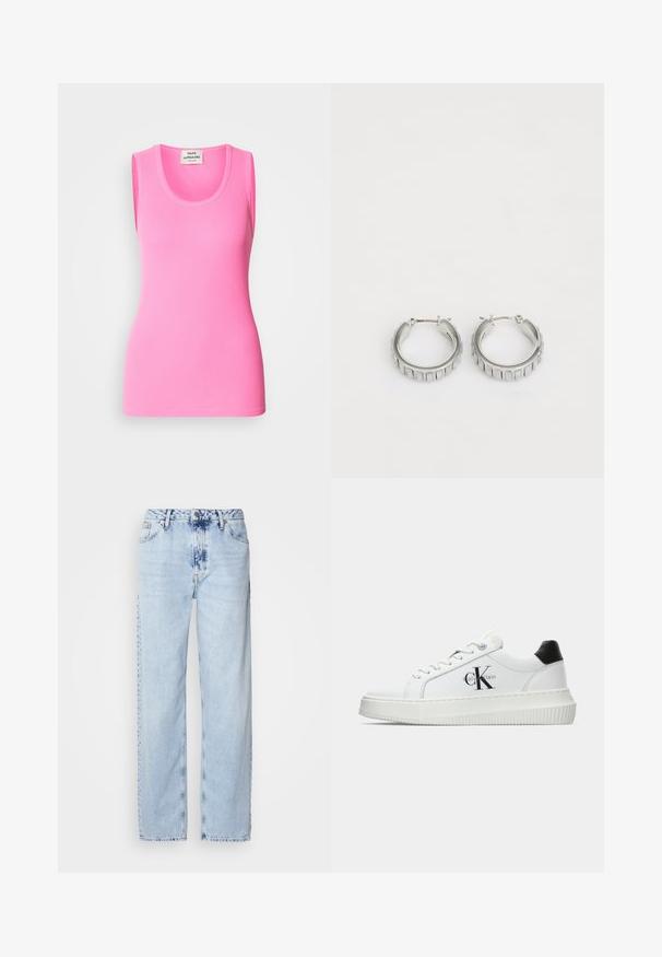 Pink sleeveless tank top in ribbed fabric, featuring a round neckline and a fitted design. Label at the neck with brand name visible.; Light blue wide-leg jeans made from denim, featuring a high waist, faded wash, and subtle tie-dye pattern along the front.; White low-top sneaker with black heel tab, platform sole, laces, and Calvin Klein "CK" logo on the side.; Silver hoop earrings with a textured design featuring vertical ridges. Circular shape with a secure latch closure. Smooth finish.