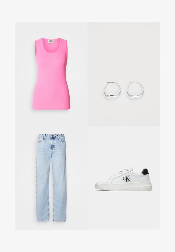 Roosa varrukateta t-särk ribitud kangast, ringikujulise kaelusega ja üle keha istuva disainiga. Kaeluses silt, millel on nähtav kaubamärk.; Heledad sinise värvi laiad teksad, mis on valmistatud denimist, kõrge vöökoht, pleekinud pesu ja peen tie-dye muster ettepoole.; Valge madalate sokkidega jooksutoss, millel on must konts, platvormi tallad, paelad ja Calvin Kleini "CK" logo küljel.; Hõbedased rõngastekäevõrud poleeritud viimistlusega ja DKNY brändimisega, esitatud lihtsa valge tausta ees.