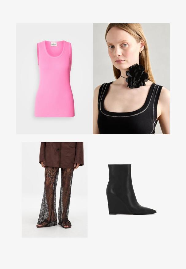 Top senza maniche rosa in tessuto a coste, con scollatura rotonda e design aderente. Etichetta al collo con nome del marchio visibile.; Pantaloni a zampa d'elefante in pizzo nero con motivo floreale, tessuto trasparente e aperture delle gambe ampie, abbinati a sandali scivolati marroni.; Stivale ankle a zeppa nera realizzato in pelle texturizzata; presenta una punta affusolata e un design liscio e sinuoso con una silhouette sagomata.; Collana choker a forma di fiore nero realizzata con petali sovrapposti, indossata con un top a coste nero che presenta accenti argentati lungo il colletto e le spalle.