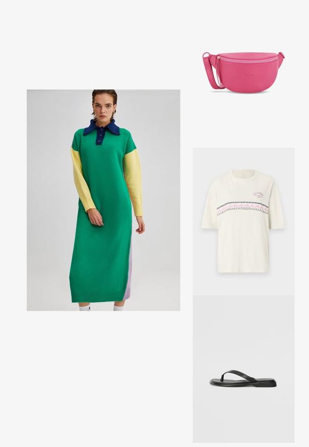 Camiseta de algodón blanca con mangas cortas, que presenta un patrón de olas multicolores en horizontal y acentos en forma de triángulo a lo largo del pecho.; Vestido de punto en verde, con un cuello marino, mangas amarillas y un panel lateral lila. Presenta una botonera y puños acanalados.; Chancla negra de piel suave, con un diseño de tira delgada y una suela plana de perfil mínimo. Sin patrones ni acentos notables.; Bolso cruzado de cuero rosa con forma redondeada, cierre con cremallera dorada y correa ajustable. Presenta un logo grabado en la parte frontal.