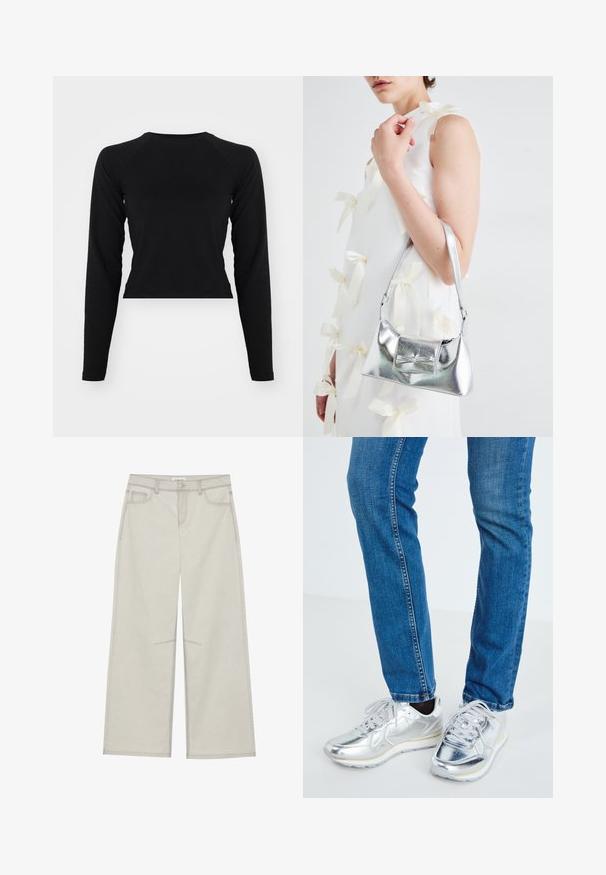 Juodas ilgomis rankovėmis trumpas viršus su apvaliu kaklu ir raglan rankovėmis. Glotni tekstūra, minimalistiškas dizainas ir jokių matomų raštų ar detalių.; Šviesiai pilkos plačios kelnės su penkiomis kišenėmis, priekyje užsegamos mygtuku ir su kontrastine siūle palei siūles. Audinys atrodo minkštas ir patvarus.; Sidabriniai metaliniai sportbačiai su lygiu paviršiumi, apvalia nosimi ir balta guma, derinami su prigludusiais mėlynais džinsais su menkais siūlėmis.; Sidabrinė metalinė rankinė su struktūrizuota forma, turinti viršutinę rankeną ir kaspiną priekyje. Lygi tekstūra, atspindinti apdaila.