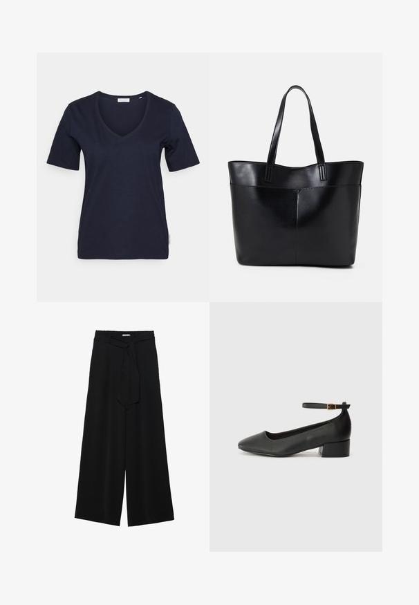 Tricou kaki cu decolteu în V și mâneci scurte, fabricat din bumbac moale. Are un design simplu și un eticheta mică a mărcii pe lateral.; Pantaloni largi negri dintr-un material texturat, cu un tiv elastic și o panglică detașabilă la talie pentru un fit ajustabil.; Pantof cu toc negru din piele, cu vârf ascuțit și toc mic pătrat. Dispune de o curea la gleznă cu o cataramă în tonuri de aur. Textură netedă.; Geantă oversized din piele neagră, cu două mânere lungi, de textură netedă și formă structurată. Are un buzunar frontal pentru stocare suplimentară.