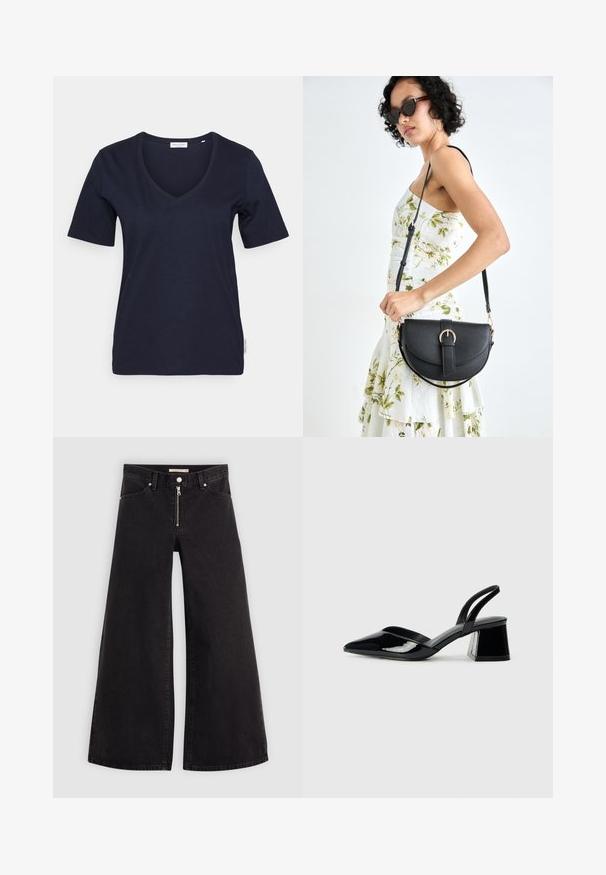 Navy blue V-neck t-shirt with short sleeves, made of soft cotton material. Features a basic design and a small brand tag on the side.; Wide-leg jeans in black denim with a zippered front, five-pocket design, and subtle stitching details. Smooth texture and casual style.; Black patent leather slingback heels with a pointed toe and a geometric block heel. Features a sleek, minimal design and smooth texture.; Black leather handbag with a curved shape, detachable strap, and gold hardware. The bag features a flap with a buckle detail.