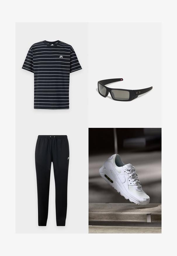 Juodai baltas dryžuotas marškinėliai su apykakle, trumpomis rankovėmis ir mažu baltu Nike logotipu kairėje krūtinės pusėje. Pagaminta iš medvilnės.; Juodos sportinės kelnės, pagamintos iš minkštos medžiagos, su elastingu juosmeniu ir raišteliais, aptemptomis kulkšnėmis ir nedideliu logotipo akcentu šone.; Baltos Nike Air Max 90 sportbačiai su.comi ir odos viršumi, perforuota pirštų dėžute ir matomu oro pagalvėle kulne.; Juodi akiniai saulės su matinio paviršiaus užbaigimu, stačiakampiai lęšiai, švelnus lenkimas ant šventyklų, subtilus logotipo detalizavimas ir dūminiai lęšiai.