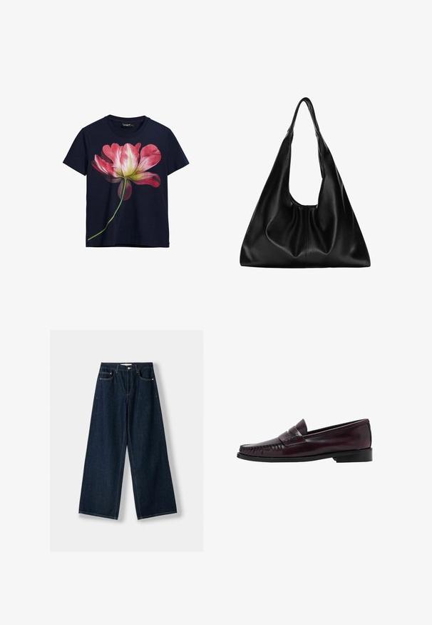 Marineblå bomulds T-shirt med et stort grafisk motiv af en pink og hvid blomst på fronten, med en grøn stilk der strækker sig mod bunden.; Mørkeblå, vide jeans lavet af denim. Har fem lommer, knap- og lynlås lukning samt kontrastsyning detaljer.; Mænds mørkebrune læder penny loafers med sort sål og syning langs tåen, vist i sideprofil.; Sort læder hobo taske med en blød, buet form. Har en bred toprem og rynker i bunden for en afslappet struktur.