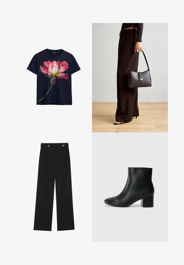Tamsiai mėlynas medvilninis marškinėliai su dideliu rožiniu ir baltu gėlių grafiką priekyje, kurioje žalias stiebas tęsiasi link apačios.; Juodi plačios kojos kelnės su aukštu liemeniu, sagų detalėmis ant liemens ir priekinėmis raukšlėmis.; Juodos odinės aulinės botai su smailiu priekiniu pirštu ir storu kulnu. Lygus tekstūra su minimaliomis detalėmis ir elegantišku, tvirtai priglundančiu dizainu.; Juodas rankinė struktūrizuota forma, lygi tekstūra ir metalinis užsegimas. Suporuota su plačiomis juodomis kelnėmis ir atvirais bateliais ant medinių grindų.