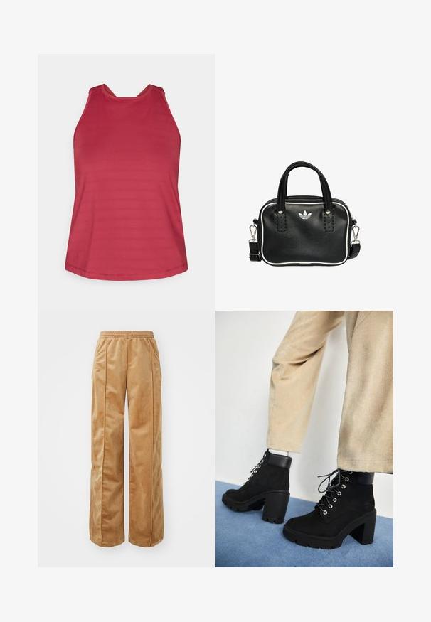 Top atlético rojo sin mangas con un cuello alto y paneles de malla en los hombros, diseñado para mujeres.; Pantalones de pierna ancha en tono beige, fabricados con un material suave y aterciopelado. Cuentan con una cinturilla elástica y costuras verticales en la parte delantera para un detalle adicional.; Botines de ante negro con tacón grueso, puntera redonda y ojetes plateados, con un cuello de cuero negro mate y suela texturizada.; Bolso de mano de cuero negro con dos asas cortas, herrajes plateados, detalles en blanco y un logotipo blanco. Presenta una superficie texturada y un diseño compacto.
