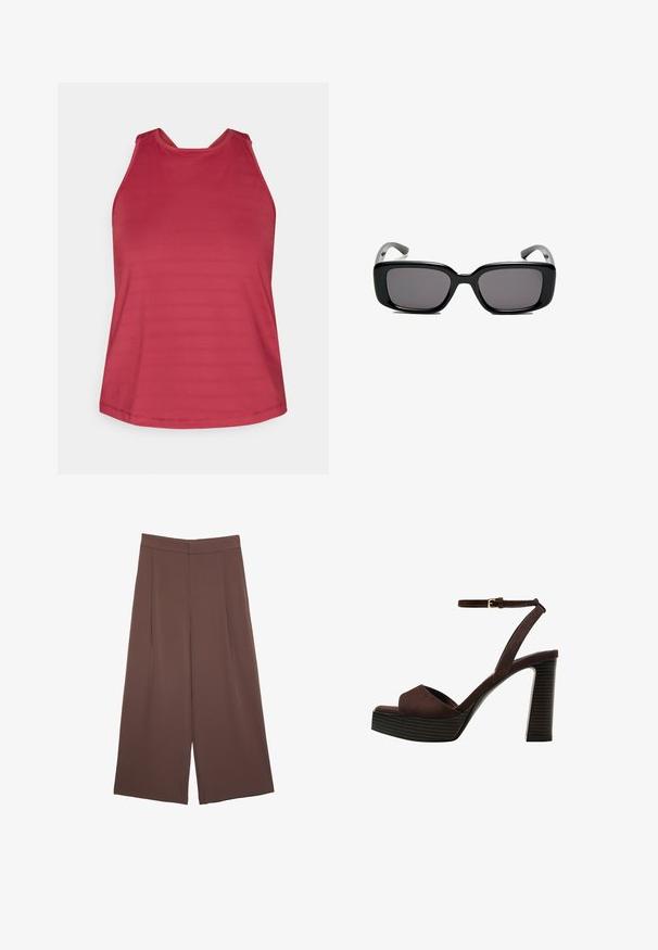 Červený bezrukávový športový top s vysokým výstrihom a sieťovými panelmi na pleciach, určený pre ženy.; Hnedé nohavice so širokými nohavicami a hladkou textúrou, s vysokým pásom a prednými skladmi. Tkanina je ľahká a voľne sa pohybuje.; Hnedé semišové sandále na vysokom podpätku s otvorenou špičkou, nastaviteľným členkovým remienkom a pruhovanou platformovou podrážkou.; Čierne obdĺžnikové slnečné okuliare s tmavými sklami, hladkým plastovým rámom a zakrivenými stranami. Dizajn je robustný s minimalistickou estetikou.