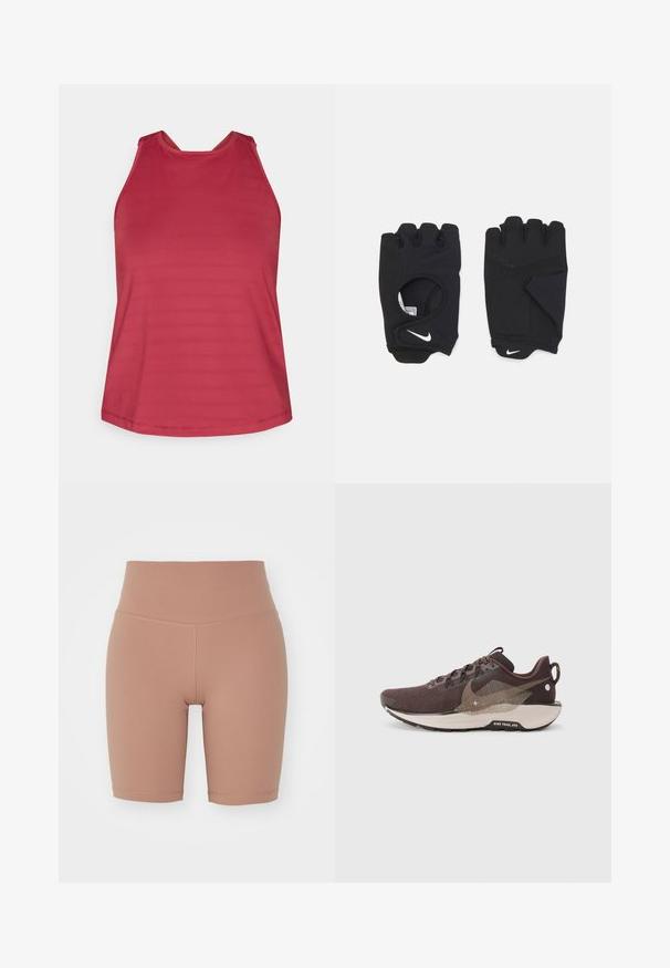 Raudonas be rankovių sportinis marškinėlis su aukštu iškirpimu ir tinklelio detalėmis ant pečių, skirtas moterims.; Aukštos juosmens dviračių šortai kreminės spalvos, pagaminti iš elastingos medžiagos, su lygiu paviršiumi ir švariais siūlais, užtikrinančiais komfortą ir prigludimą.; Tamsiai ruda bėgimo avalynė su tekstūruotu megzto audinio viršumi, kontrastingomis šviesiai rudos spalvos detalėmis, segmentuota padu ir atspindinčiomis detalėmis.; Juodos bepirštės pirštinės, pagamintos iš tamprus materijos, su atviru delnu, su sukibimo akcentais ir balta Nike logotipu.