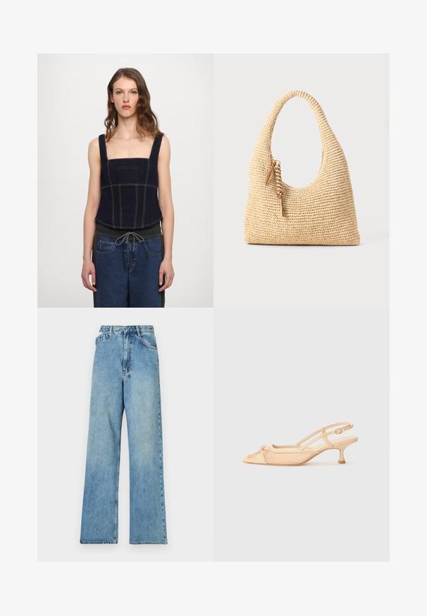 Tmavomodrá deninová cropped blúzka so širokými ramienkami, štvorcovým výstrihom a centrálnym logom. Kontrastné švy zvýrazňujú detaily panelov.; Svetlomodré džínsové nohavice širokého strihu s stredne vysokým pásom, piatimi vreckami a zapínaním na gombíky s kovovým vybavením a vyblednutým povrchom.; Stuart Weitzman KITTY - Klasické lodičky na opätku - beige/barely beige; Tkaná béžová kabelka s zakrivenou rukoväťou, štruktúrovaným povrchom a hnedým strapcom. Má uvoľnený, hobo tvar.