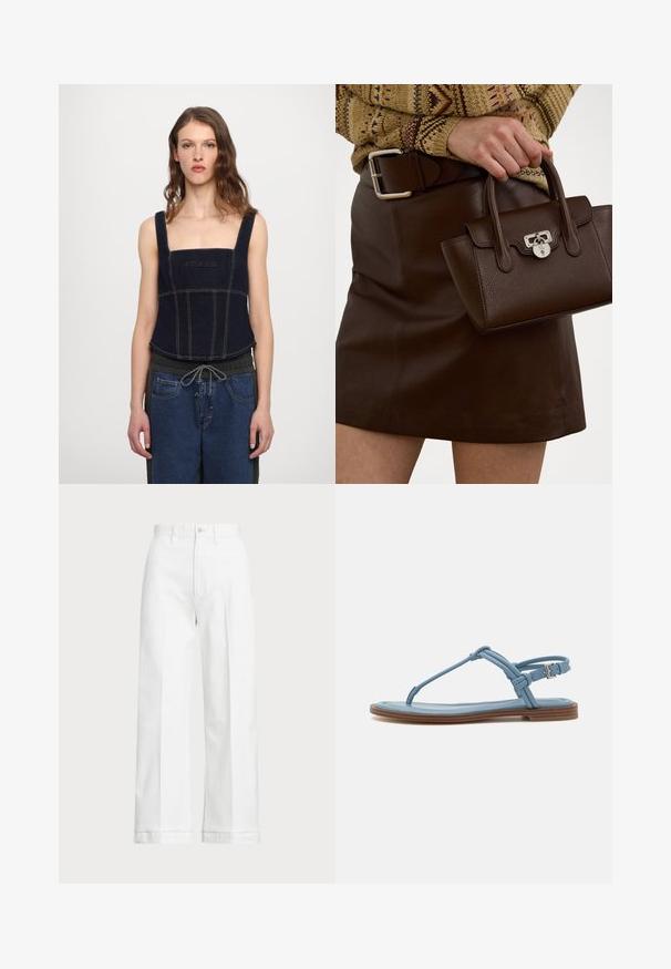 Mørkeblå denim cropped topp med brede stropper, firkantet utringning og sentralt logo. Kontrastsying fremhever paneldetaljer.; Hvite vidde bukser med høy midje, med knappelukking og subtile sømdetaljer. Laget av bomull med en glatt tekstur.; Blå lær thong sandal med flad sål, der har et slankt stropdesign og en spænde lukning ved anklen for en sikker pasform.; Brun skinnveske med strukturert overflate og sølvfarget hardware, holdt med en hånd ved siden av et brun skinnskjørt og et mønstrete genser.
